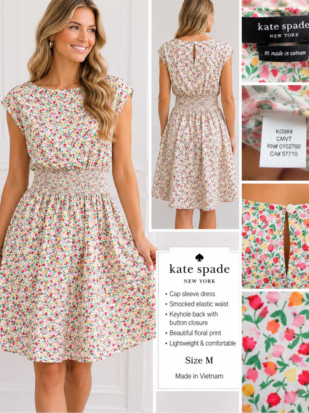 Kate Spade New York Floral Smocked Waist Dress – Size Medium 🌸🍋
